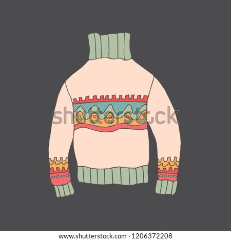 Knitted sweater with cute prints. Hand drawn doodle illustration. Winter clothes. Vector. Christmas clip art element.