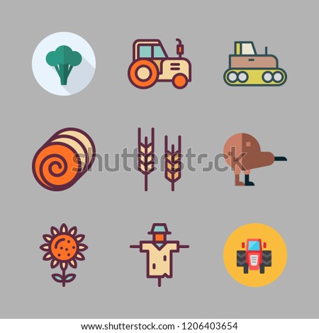 crop icon set. vector set about wheat, broccoli, scarecrow and tractor icons set.
