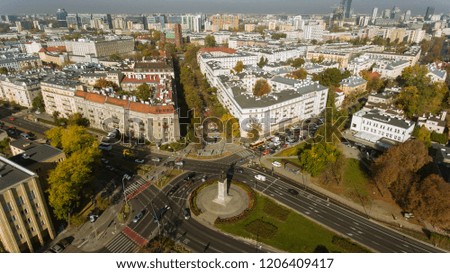Aerial view of city. Warsaw city Wawelska street. Road intersection with cars.