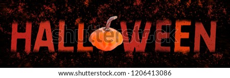 Theme illustration Celebration of Halloween. Huge word Halloween made from orange fire and pumpkin falling apart against black background.