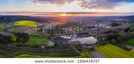 Aerial drone view of a horse riding competition in Hagen Osnabrück at Sunset