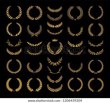 Collection of different golden silhouette laurel foliate, wheat and olive wreaths depicting an award, achievement, heraldry, nobility, game dev. Vector illustration.