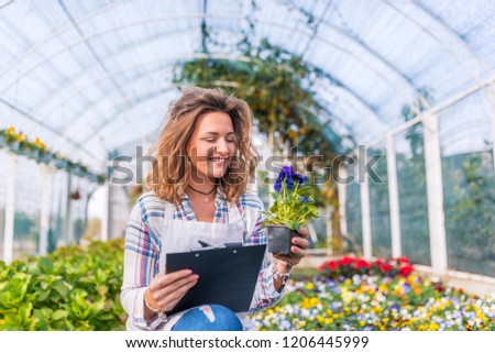 Florist checking flowers condition in greenhouse. Portrait of a young woman at work in greenhouse,in uniform and clipboard in her hand. Female nursery worker counting stock in greenhouse