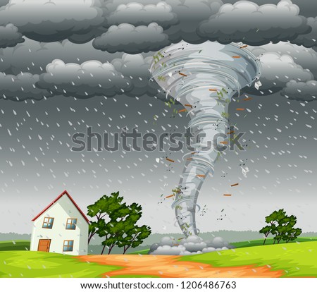 Destructive tornado landscape scene illustration