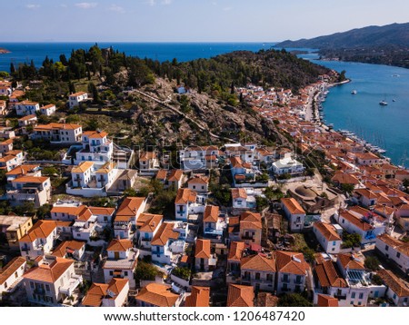 Top view of roof houses on Poros island, Aegean sea, Greece. 