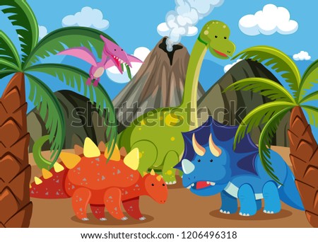 Many dinosaur in nature illustration