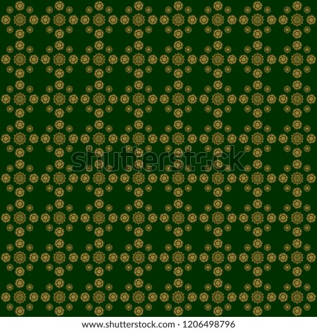 Golden vector print on green background for design invitation, card, wallpaper or fabric. Gold ornament seamless pattern.