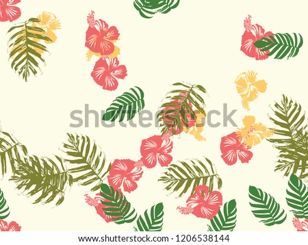 Tropical background. Green, pink, red, yellow monstera, hibiscus, palm vector elements. Hawaiian exotic cover template. Summer botanical backdrop. Vintage print with tropic floral jungle texture.
