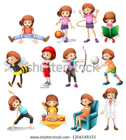 Set of cute girl with various activity illustration