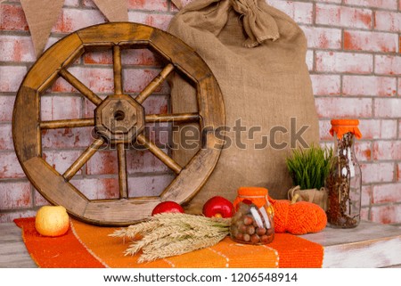 Autumn decoration with red maple leaves, autumn flowers and halloween pumpkins. Fall harvest on brick wall . For holiday post card.Country house design cart wheel, grain bag, nuts, wheat, rye, carpet