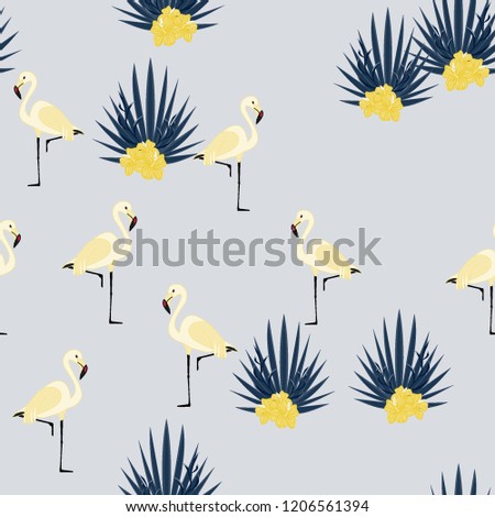 Beautiful tropical seamless pattern with flamingos and flowers. Summer background with flamingos and tropical plants. Birds of the jungle.
