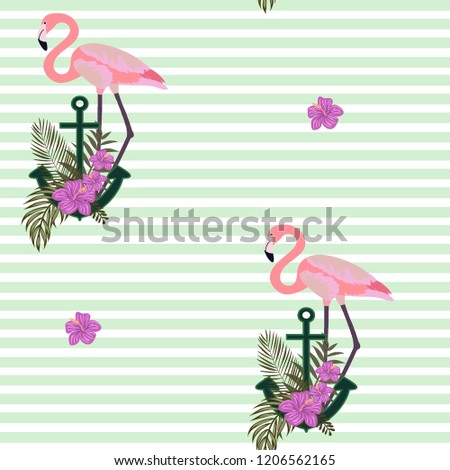 Romantic pattern with flamingos. Marine background with an anchor and flamingos.