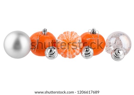Christmas and New Year pattern, Christmas tree decorations, silver glass balls, tangerines, design element for greeting card, banner, on white background isolated close up