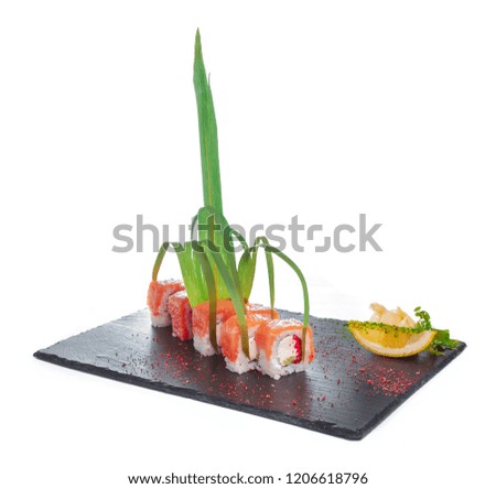 Black rectangle plate with sushi, isolated on white