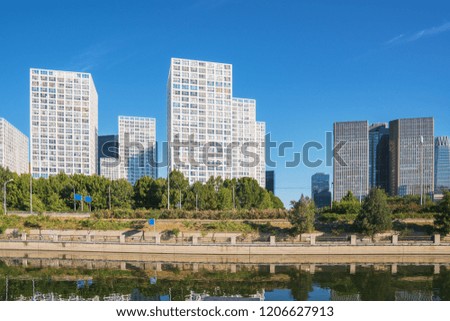 Empty river and modern urban architecture skyline panorama in Beijing China
