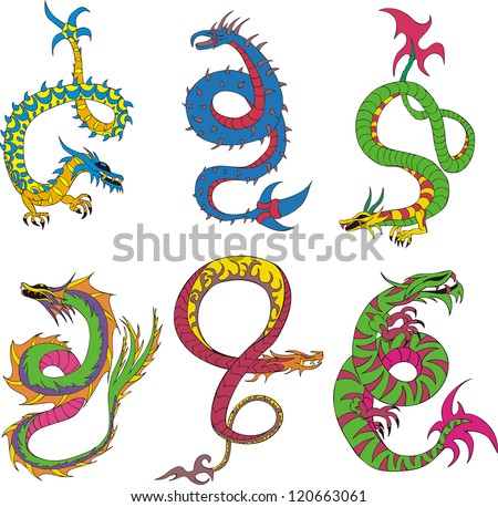 Long japanese dragon worms. Set of color vector illustrations.