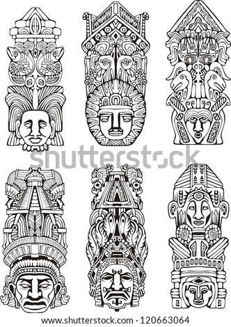 Abstract mesoamerican aztec totem poles. Set of black and white vector illustrations. Royalty-Free Stock Photo #120663064