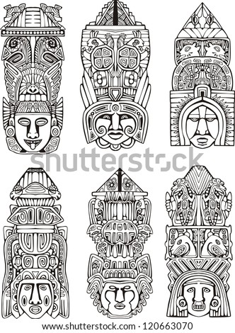 Abstract mesoamerican aztec totem poles. Set of black and white vector illustrations. Royalty-Free Stock Photo #120663070