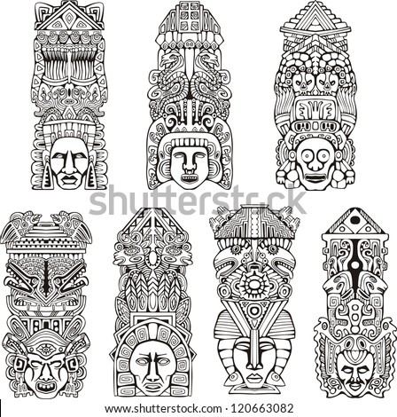 Abstract mesoamerican aztec totem poles. Set of black and white vector illustrations. Royalty-Free Stock Photo #120663082