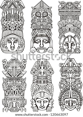 Abstract mesoamerican aztec totem poles. Set of black and white vector illustrations. Royalty-Free Stock Photo #120663097