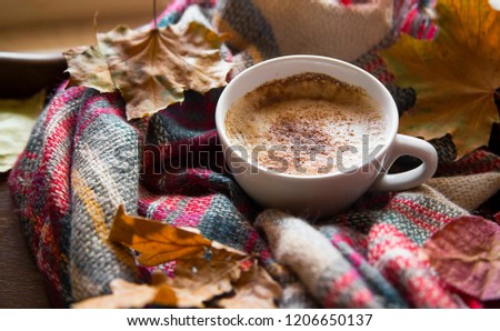 Autumn coffee cup with cozy blanket  and dried leaves