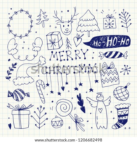 Christmas Doodle Clip Art Collection. Pencil Drawing. New year drawings. Merry Christmas. Christmas Design Elements and Symbols. Vector Illustration.