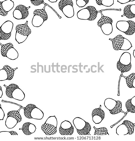Round Template Background of Brown Acorns. Autumn or Fall Vegetable Harvest Collection. Realistic Hand Drawn High Quality Vector Illustration. Doodle Style.