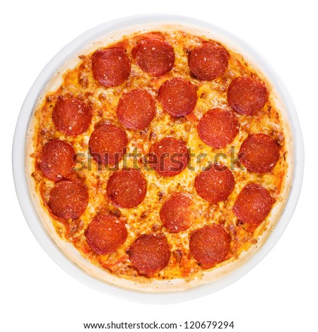 Tasty  pizza with sausage  from the top on white background Royalty-Free Stock Photo #120679294