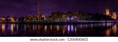 panorama of Worcester cathedral and St Andrews Spire at night