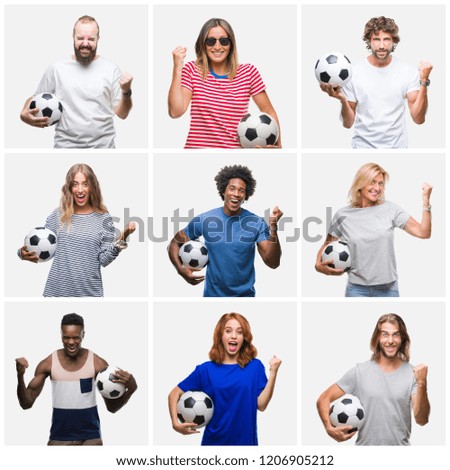 Collage of group of young and senior people holding soccer ball over isolated background screaming proud and celebrating victory and success very excited, cheering emotion