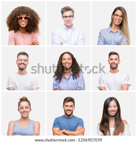 Collage of group of young people woman and men over white solated background happy face smiling with crossed arms looking at the camera. Positive person.
