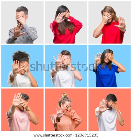 Collage of group of young people over colorful isolated background covering eyes with hands and doing stop gesture with sad and fear expression. Embarrassed and negative concept.