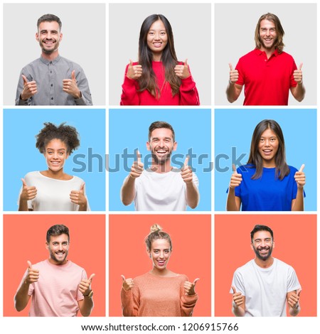 Collage of group of young people over colorful isolated background success sign doing positive gesture with hand, thumbs up smiling and happy. Looking at the camera with cheerful expression, winner