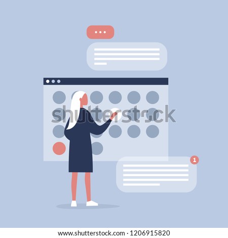 Young female manager planning the project in digital calendar. Organising the working process. Deadlines. Office life. Flat editable vector illustration, clip art