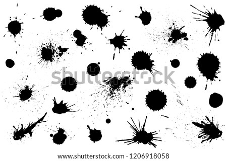 Set of black ink splashes and drops. Different handdrawn spray design elements. Blobs and spatters. Isolated vector illustration Royalty-Free Stock Photo #1206918058