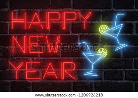 New Year celebration concept. Neon fluorescent text on dark brick wall