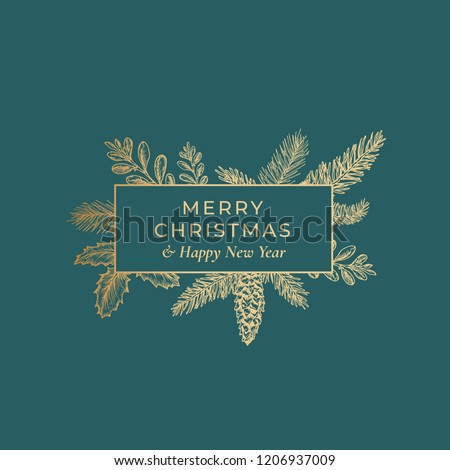 Merry Christmas Abstract Botanical Card with Rectangle Frame Banner and Modern Typography. Premium Green Background and Golden Greeting Sketch Layout.
