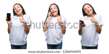 Collage of beautiful african american woman using smartphone over isolated background happy with big smile doing ok sign, thumb up with fingers, excellent sign