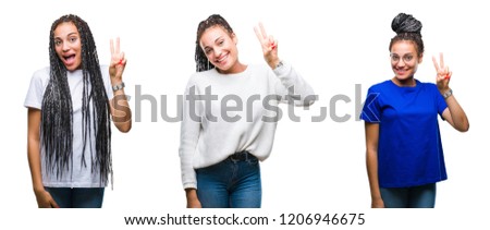 Collage of beautiful braided hair african american woman over isolated background showing and pointing up with fingers number two while smiling confident and happy.