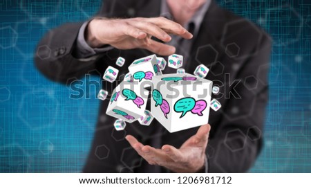 Communication concept between hands of a man in background