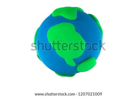 Plasticine blue and green Planet on white background