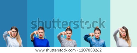 Collage of young beautiful woman over blue stripes isolated background looking unhappy and angry showing rejection and negative with thumbs down gesture. Bad expression.