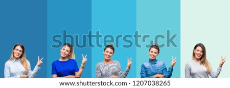 Collage of young beautiful woman over blue stripes isolated background smiling with happy face winking at the camera doing victory sign. Number two.