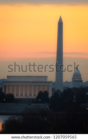Washington DC skyline with monuments during sunrise - Washington DC, United States of America
