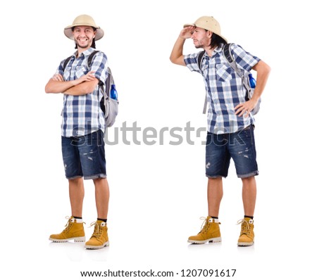 Young traveler with rucksack isolated on white