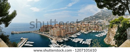 Aerial view of Monaco, port Fontvieille, a lot of boats and yachts, piers, rocks, trees, Azur water, sunny day, clear weather, famous point, embankment 