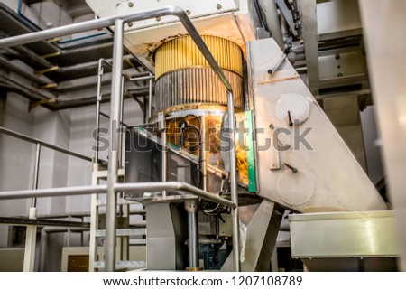 Pasta factory conveyor for pasta production of flour products, technological production factory industrial work, raw macaroni close-up with copy space