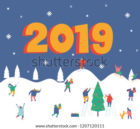 Happy new 2019 year banner card. Winter outdoor activities. People walking,having fun, skiing, ice skating, sledding. Flat vector illustration.