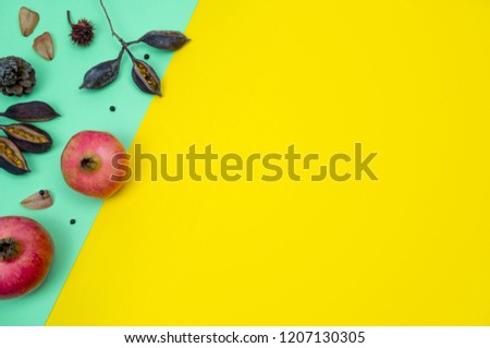 Pomegranates and dry leaves on yellow and green background. Creative Autumn layout. Border arrangement. Flat lay top view. Copy space.