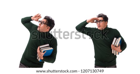 Nerd young student with books isolated on white background